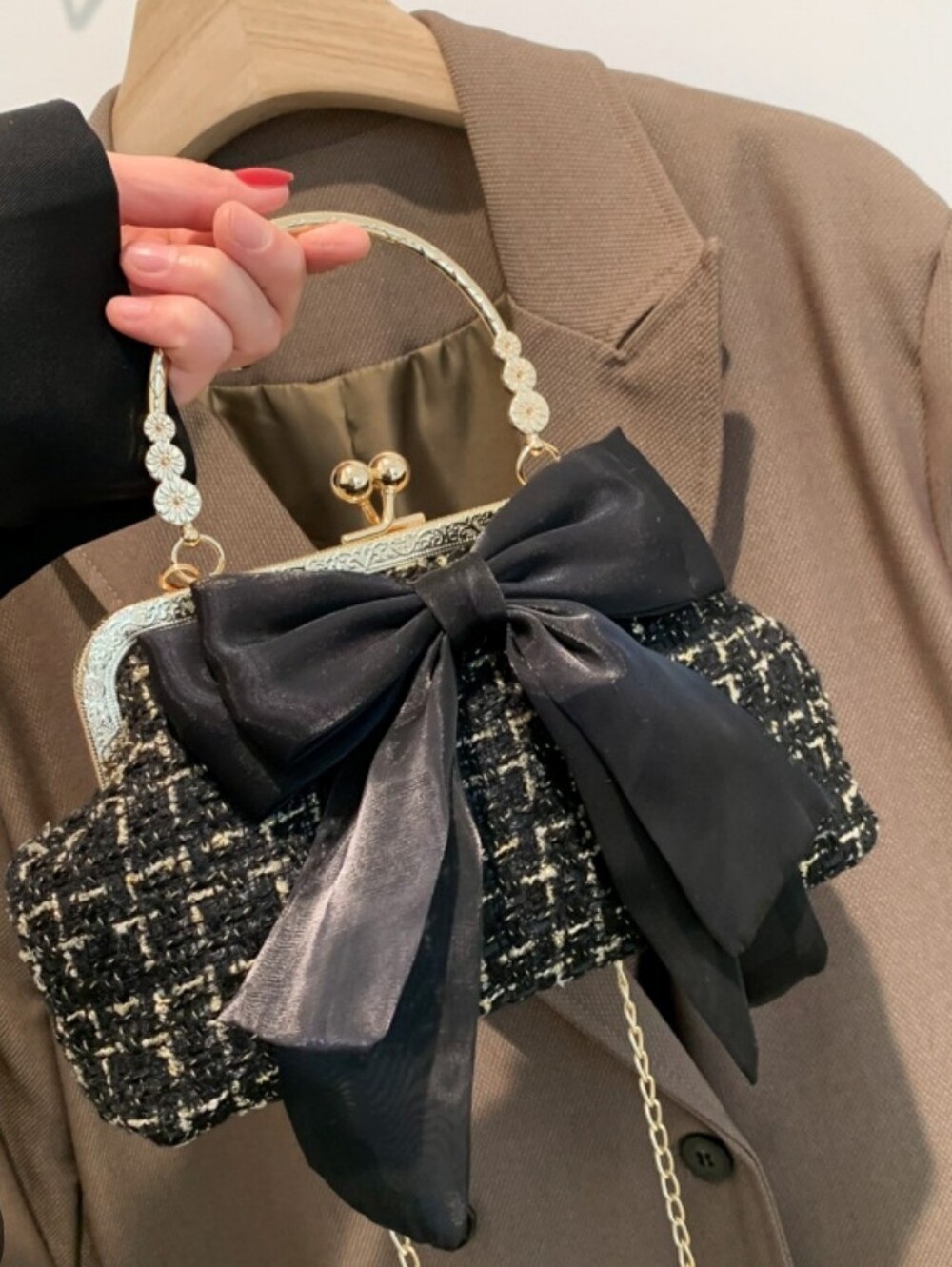 Vintage Black Tweed Clutch with Bow and Gold Accents